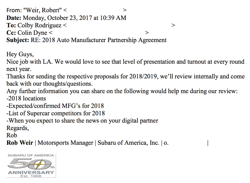 One of several emails cited in the case where Weir at Subaru asks GRC for specific information related to the 2018 season. (Contact information was redacted by Jalopnik.)